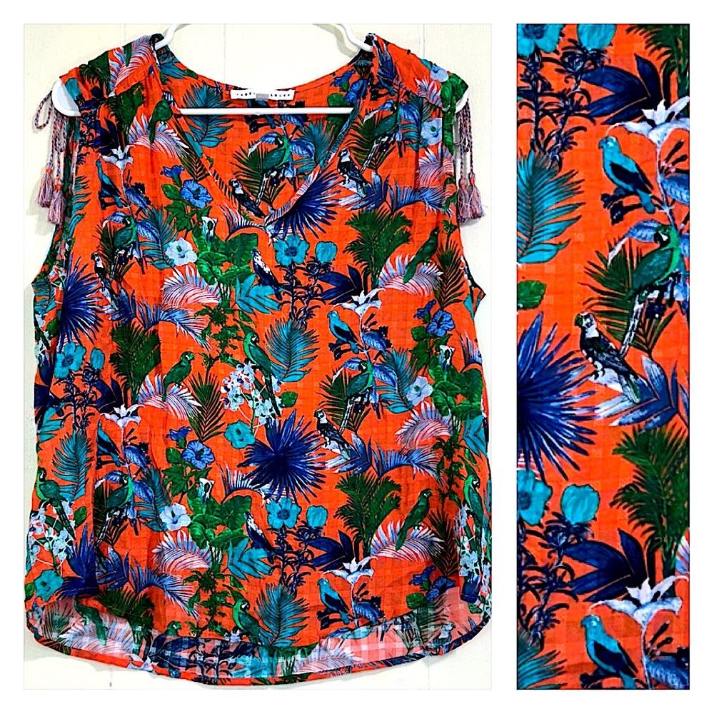 Jane + Delancey Top Lightweight Orange Tropical Sleeveless Tank Top Size Small.